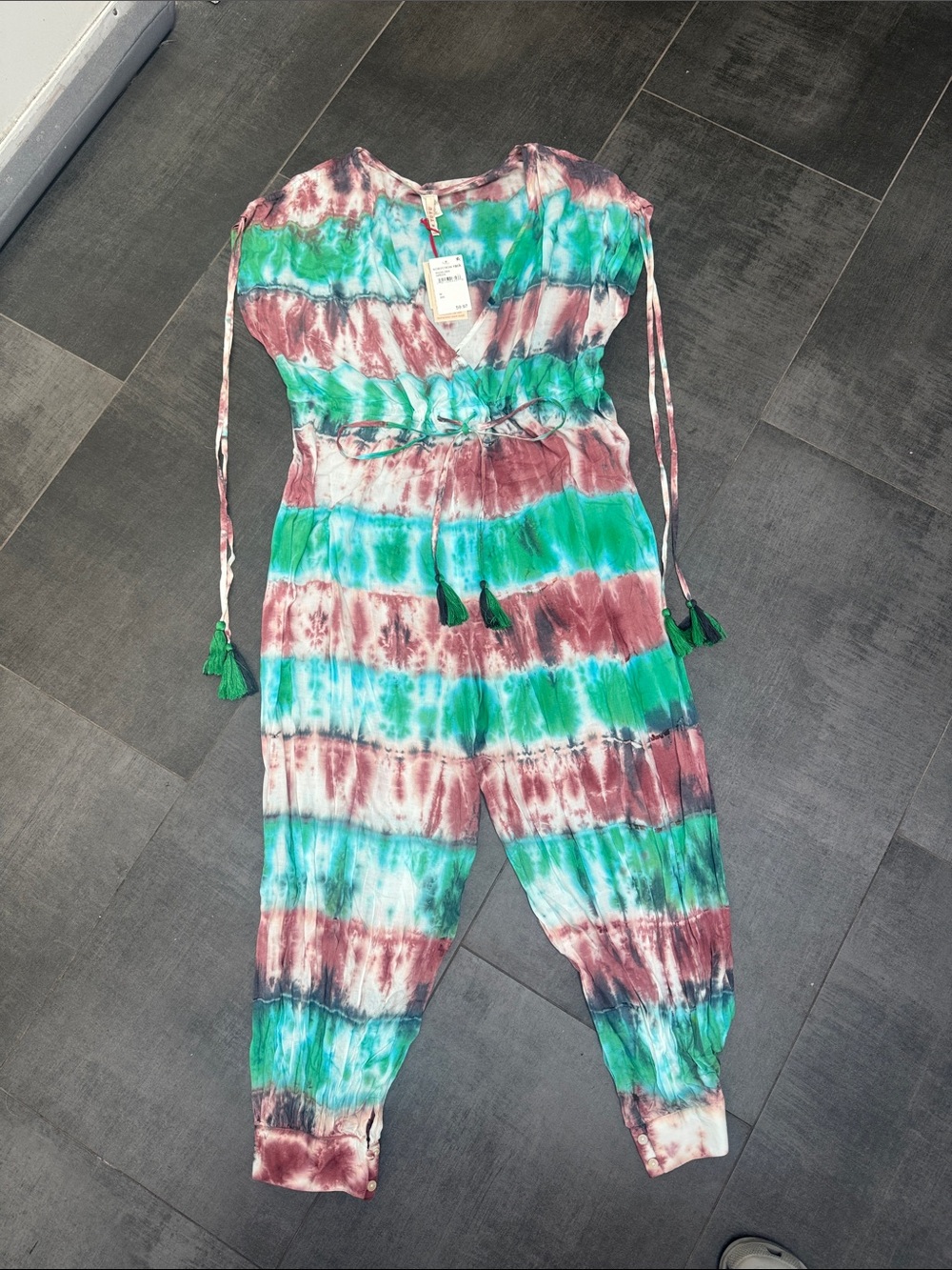 RAGA Tie-Dye One-Piece Romper in Green and Pink with Tassel Waist